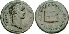 Antinoüs. Died AD 130. Æ Medallion (40mm, 46.55 g, 12h). Smyrna in Ionia mint. M. Antonius Polemon, strategus. ANTINOOC HPΩC, bare head right within pelleted border / ΠOΛEMΩN ANEΘ HKE CMVPNAIOC, prow 