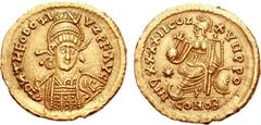 Theodosius II. AD 402-450. AV Solidus (4.40 g, 6h). Uncertain Germanic imitation. Struck mid to late 5th century AD. D И THODOZI VZ P F AVG, diademed, helmeted and cuirassed three-quarter facing bust,