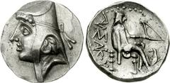KINGS of PARTHIA. Arsakes II. 211-185 BC. AR Drachm (4.14 g, 12h). Rhagai-Arsakeia(?) mint. Head left, wearing bashlyk and earring / APΣAKOY, archer (Arsakes I) seated right on omphalos, holding bow; 