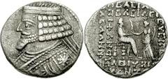 KINGS of PARTHIA. Phraates IV. Circa 38-2 BC. AR Tetradrachm (14.59 g, 12h). Seleukeia on the Tigris mint. Dated Audynaios SE 287 (December 26 BC). Diademed and draped bust left, wart on forehead, wea