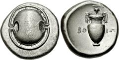 BOEOTIA, Federal Coinage. Circa 395-387 BC. AR Stater (12.06 g). Boeotian shield / Amphora; BO-IΩ across field, grape bunch above; all within incuse concave circle. BCD Boiotia 11; Head, Boeotia p. 78