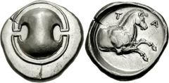 BOEOTIA, Tanagra. Early-mid 4th century BC. AR Stater (12.30 g). Boeotian shield / Forepart of horse right, laurel garland around its neck; T-A flanking head; all within incuse concave circle. BCD Boi