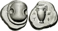 BOEOTIA, Thebes. Circa 395-338 BC. AR Stater (11.99 g). Anti-, magistrate. Struck circa 390-382 BC. Boeotian shield / Amphora; above, club left; A-N/T-I in two lines across field; all within concave c