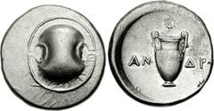 BOEOTIA, Thebes. Circa 395-338 BC. AR Stater (12.05 g). Andr(okleidas)-, magistrate. Struck circa 390-382 BC. Boeotian shield / Amphora; wreath above, AN-ΔP across central field; all within concave ci