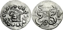 LYDIA, Tralleis. Circa 166-67 BC. AR Tetradrachm (12.47 g, 1h). Dated CY 2 (132 BC). Cista mystica with serpent; all within ivy wreath / Two serpents entwined around bow and bowcase; ΠTOΛ above, B (da