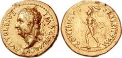 Vitellius. AD 69. AV Aureus (7.41 g, 7h). Tarraco mint. A VITELLIVS IMP GERMAN, laureate head left, globe at point of neck / CONSENSVS EXERCITVVM, Mars, wearing crested helmet, advancing left, holding