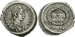 Honorius. AD 393-423. AR Siliqua (2.12 g, 11h). Constantinople mint. Struck circa AD 403-408. Pearl-diademed, draped, and cuirassed bust right / VOT/X/MVLT/XX in wreath; CONS*. RIC X 53 (this coin ill