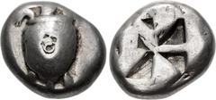 Greek ISLANDS off ATTICA, Aegina. Circa 525-480 BC. AR Stater (18.5mm, 12.09 g). Sea turtle, head in profile, with thin collar and [row of dots down its back] / Incuse square with 'windmill' pattern. 