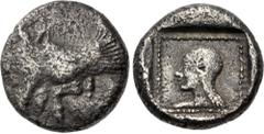 Greek CARIA, Uncertain ('Mint G'). Circa 490-470 BC. AR Quarter Stater (13mm, 2.77 g, 11h). Aeginetic standard. Forepart of winged man-headed bull left / Head of female left in dotted square border wi