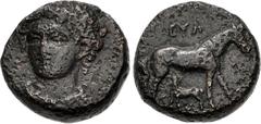 Greek CYPRUS, Kourion. Eua–. Early-mid 4th century BC. Æ (15mm, 4.24 g, 7h). Laureate head (of Apollo?) facing slightly left, drapery around neck / Mare standing right, suckling foal standing left bel