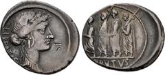 Roman Republican Q. Servilius Caepio (M. Junius) Brutus. 54 BC. AR Denarius (21mm, 3.85 g, 4h). Rome mint. Head of Libertas right, no jewels in hair / The consul L. Junius Brutus walking left between 