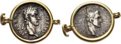 Roman Imperial Gaius (Caligula), with Divus Augustus. AD 37-41. AR Denarius bezel set in gold pendant (27.5mm, 4.21 g, 6h). Lugdunum (Lyon) mint. 2nd emission, 2nd phase, late AD 37-early 38. Laureate