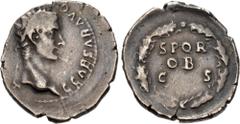 Roman Imperial Gaius (Caligula). AD 37-41. AR Denarius (18mm, 4.02 g, 7h). Contemporary imitation. Laureate head of Gaius (Caligula) right / S P Q R/ OB/ C S in three lines within oak wreath. Cf. RIC 