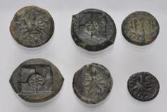 Large Lots GREEK. Magna Graecia & Sicily. Lot of six (6) Syracusan bronze coins. Includes: various types, 10-17mm in diameter. Fine to Good Fine, green patinas. LOT SOLD AS IS, NO RETURNS. Six (6) coi