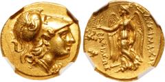 Greek KINGS of THRACE, Macedonian. Lysimachos. 305-281 BC. AV Stater (19mm, 8.56 g, 11h). In the types of Alexander III of Macedon. Lampsakos mint. Struck circa 299/8-297/6 BC. Head of Athena right, w