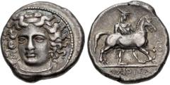 Greek THESSALY, Larissa. Circa 380-365 BC. AR Drachm (19mm, 6.21 g, 5h). Head of the nymph Larissa facing slightly left, wearing ampyx and necklace / Thessalos, restraining horse cantering right. L&S 