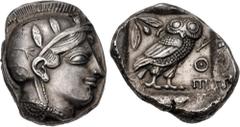 Greek ATTICA, Athens. Circa 454-404 BC. AR Tetradrachm (22mm, 17.12 g, 8h). Helmeted head of Athena right, with frontal eye / Owl standing right, head facing, closed tail feathers; olive spray and cre
