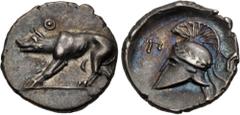 Greek ARGOLIS, Argos. Circa 270-260/50 BC. AR Trihemiobol (12mm, 1.17 g, 9h). Wolf at bay left; Θ above / Crested Corinthian helmet left; Π-Y flanking. BCD Peloponnesos 1114 (this coin); HGC 5, 674. I