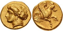 Greek MYSIA, Lampsakos. Circa 394-350 BC. AV Stater (16.5mm, 8.39 g, 11h). Head of female left, wearing triple-pendant earring and necklace / Forepart of Pegasos flying right within shallow incuse squ