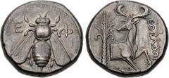 Greek IONIA, Ephesos. Circa 390-325 BC. AR Tetradrachm (23.5mm, 15.24 g, 12h). Eoelthon, magistrate. Class F, circa 360-350 BC. Bee with straight wings; E-Φ flanking head / Forepart of stag right, hea