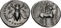 Greek IONIA, Ephesos. Circa 202-150 BC. AR Drachm (18mm, 4.15 g, 12h). Antidoros, magistrate. Bee / Stag standing right; palm tree in background; ANTIΔΩPOΣ to right. Kinns, Attic, p. 84, obv. die 27, 