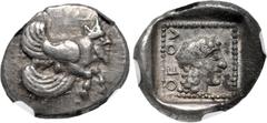 Greek CARIA, Uncertain ('Mint G'). Orou. Local dynast, circa 450-400 BC. AR Quarter Stater (14.5mm, 2.95 g, 2h). Forepart of winged man-headed bull right / Head of female right in dotted square border