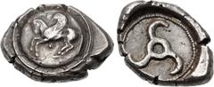 Greek DYNASTS of LYCIA. Khinakha(?). Circa 440/30-400 BC. AR Stater (23.5mm, 9.96 g). Pegasos flying left; pellet below; all on raised round shield / Triskeles with central pellet in pelleted circle w