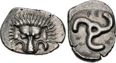 Greek DYNASTS of LYCIA. Perikles. Circa 380-360 BC. AR Third Stater (19mm, 2.84 g). Limyra mint(?). Lion scalp facing / Triskeles within incuse circle. Müseler VIII, 47–51; Falghera 217; SNG Copenhage