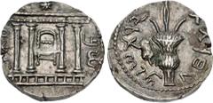 Greek JUDAEA, Bar Kochba Revolt. 132-135 CE. AR Sela – Tetradrachm (25mm, 11.96 g, 12h). Undated, attributed to year 3 (134/5 CE). Façade of the Temple at Jerusalem; showbread table within, star above