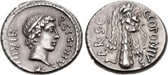Roman Republican The Pompeians. Q. Sicinius and C. Coponius. 49 BC. AR Denarius (18mm, 3.93 g, 6h). Military mint in the East, moving with Pompey; C. Coponius, praetor. Diademed head of Apollo right; 