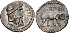 Roman Republican The Pompeians. Q. Caecilius Metellus Pius Scipio. 47- Spring 46 BC. AR Denarius (18mm, 3.50 g, 2h). Military mint traveling with Scipio in Africa. Laureate head of Jupiter right / Afr