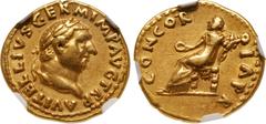 Roman Imperial Vitellius. AD 69. AV Aureus (19mm, 7.28 g, 5h). Rome mint. Struck circa late April-20 December. A VITELLIVS GERM IMP TR P, laureate head right / CONCOR DIA P R, Concordia seated left on