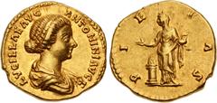 Roman Imperial Lucilla. Augusta, AD 164-182. AV Aureus (18.5mm, 7.30 g, 12h). Rome mint. Struck under Marcus Aurelius and Lucius Verus, AD 161-162. LVCILLΛE ΛVG ΛNTONINI ΛVG F, draped bust right, hair