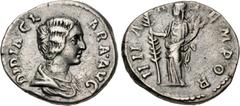 Roman Imperial Didia Clara. Augusta, AD 193. AR Denarius (17.5mm, 3.20 g, 6h). Rome mint. Struck under Didius Julianus. Draped bust right / Hilaritas standing left, holding long palm frond and cornuco