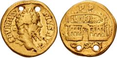 Roman Imperial Septimius Severus. AD 193-211. AV Aureus (19mm, 6.95 g, 6h). Rome mint. Struck AD 204. SEVERVS PIVS AVG, laureate head right / P P above, COS III in exergue, view of building, in the sh