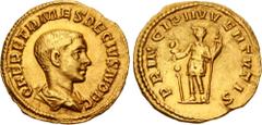 Roman Imperial Herennius Etruscus. As Caesar, AD 249-251. AV Aureus (19mm, 3.44 g, 6h). Rome mint, 5th officina. 5th emission of Trajan Decius, early AD 251. Q HER ETR MES DECIVS NOB C, bareheaded and