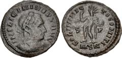 Roman Imperial Licinius I. AD 308-324. Æ Follis (20.5mm, 3.37 g, 6h). Londinium (London) mint. Struck late AD 314-early 315. Laureate and cuirassed bust right / Sol standing left, chlamys across left 