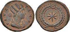 Roman Imperial Fausta. Augusta, AD 324-326. Æ Follis (19mm, 2.90 g, 6h). Thessalonica mint. Struck AD 318-319. Draped bust right / Eight-rayed star within wreath. RIC VII 51; LRBC 824. Earthen brown s
