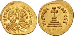 Byzantine Revolt of the Heraclii. 608-610. AV Solidus (21mm, 4.50 g, 6h). Military mint in the east. Struck 608. D N ЄRACLIO CONSVLI BA, bareheaded busts of Heraclius the younger, and the exarch Herac
