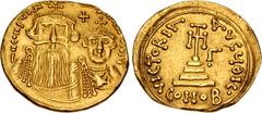 Byzantine Constans II, with Constantine IV. 641-668. AV Solidus (21mm, 4.08 g, 6h). Syracuse mint. Struck 654-659. Crowned facing busts of Constans, with long beard, and Constantine, beardless, each w