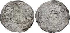 Early Medieval CRUSADERS, Latin Kingdom of Jerusalem. Jerusalem Pilgrim Coinage. 12th century. BI Denier (17mm, 0.75 g, 6h). + (horizontal retrograde S)ΛN ΛCΛRC[Λ] (sic), cross pattée / Medieval façad