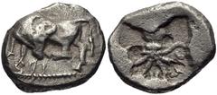 MACEDON, Dikaia. Circa 450-425/0 BC. AR Tetrobol (13mm, 2.65 g, 1h). Cow standing left on dotted ground line, licking hoof of raised hind leg / Octopus within square incuse. Schönert-Geiss, Bisanthe -