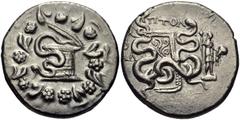 LYDIA, Tralleis. Circa 166-67 BC. AR Tetradrachm (24mm, 12.72 g, 12h). Cistophoric type. Ptol-, magistrate. Dated CY 2 (132/1 BC). Cista mystica with serpent; all within ivy wreath / Bowcase with serp