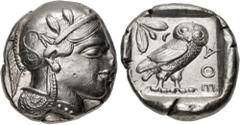 Greek ATTICA, Athens. Circa 454-404 BC. AR Tetradrachm (23mm, 17.13 g, 7h). Helmeted head of Athena right, with frontal eye / Owl standing right, head facing, closed tail feathers; olive spray and cre