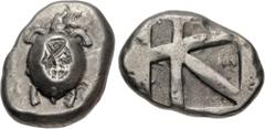 Greek ISLANDS off ATTICA, Aegina. Circa 480-457 BC. AR Stater (17.5mm, 12.18 g, 7h). Sea turtle, head in profile, with 'T-back' design on shell / Large square incuse with skew pattern. Meadows, Aegina