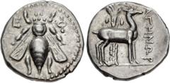 Greek IONIA, Ephesos. Circa 202-150 BC. AR Drachm (18mm, 4.14 g, 12h). Agenor, magistrate. Bee / Stag standing right; palm tree in background, AΓHNΩP to right. Kinns, Attic, unlisted magistrate; Numis