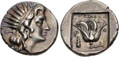 Greek ISLANDS off CARIA, Rhodos. Rhodes. Circa 188-170 BC. AR Drachm (16mm, 3.22 g, 1h). 'Plinthophoric' coinage. Aristoboulos, magistrate. Radiate head of Helios right / Rose with bud to right; APIΣT