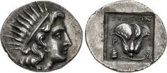 Greek ISLANDS off CARIA, Rhodos. Rhodes. Circa 188-170 BC. AR Drachm (16mm, 2.75 g, 12h). 'Plinthophoric' coinage. Stasion, magistrate. Radiate head of Helios right / Rose with bud to right; ΣTAΣIΩN a