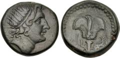 Greek ISLANDS off CARIA, Rhodos. Rhodes. Circa 88-85 BC. Æ (26mm, 14.35 g, 12h). Radiate head of Helios right / Rose with bud to left; hook to left, dolphin and trident to right. Ashton, Coinage 169–7