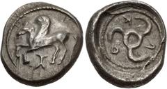 Greek DYNASTS of LYCIA. Kuprilli. Circa 480-440 BC. AR Sixth Stater – Diobol (11mm, 1.59 g). Pegasos flying left; monogram or symbol below / Triskeles; K-O-P around; all in dotted circle within incuse